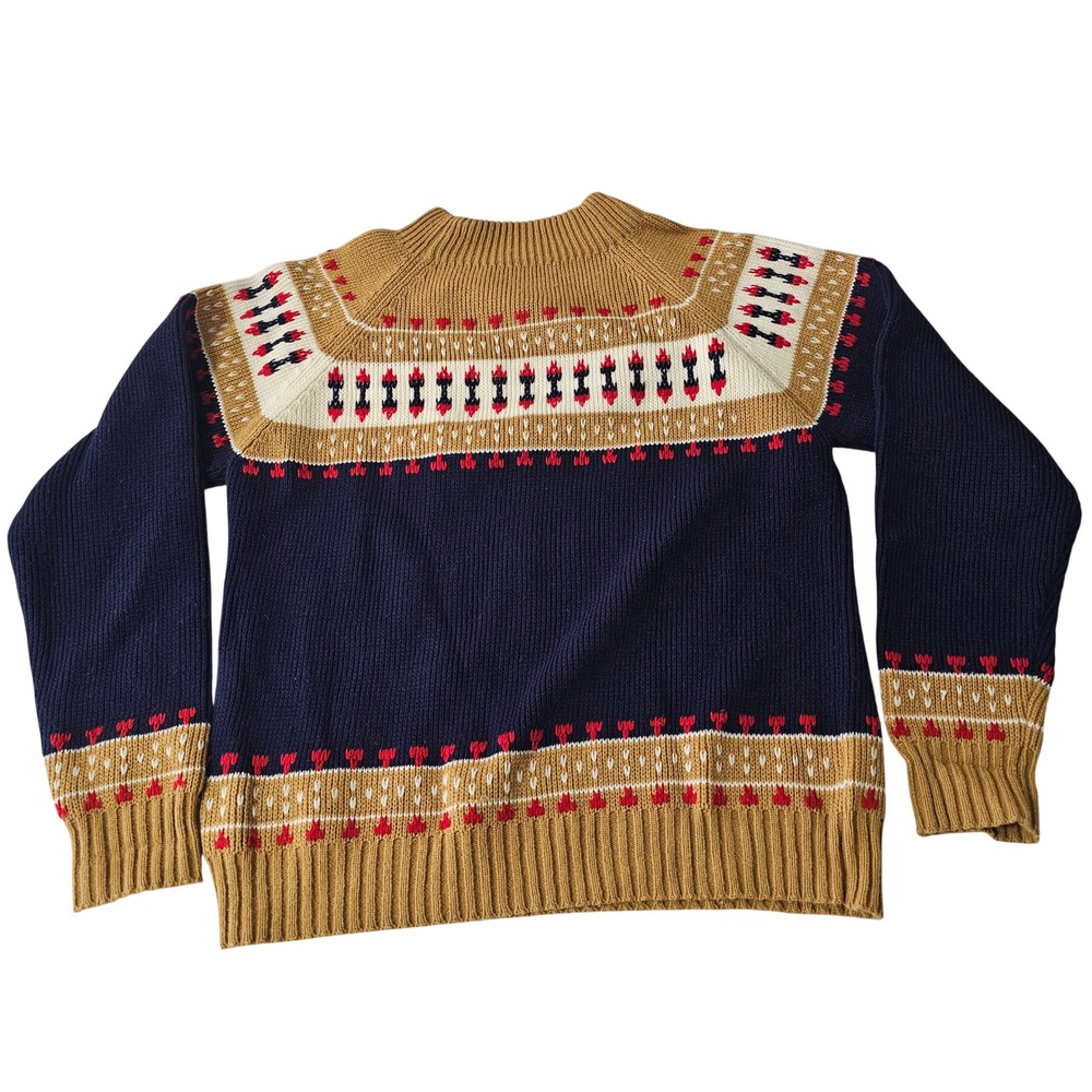 Vintage 90s JCPenney Mens Fair Isle Nordic High Neck Knit Sweater M Tan Navy